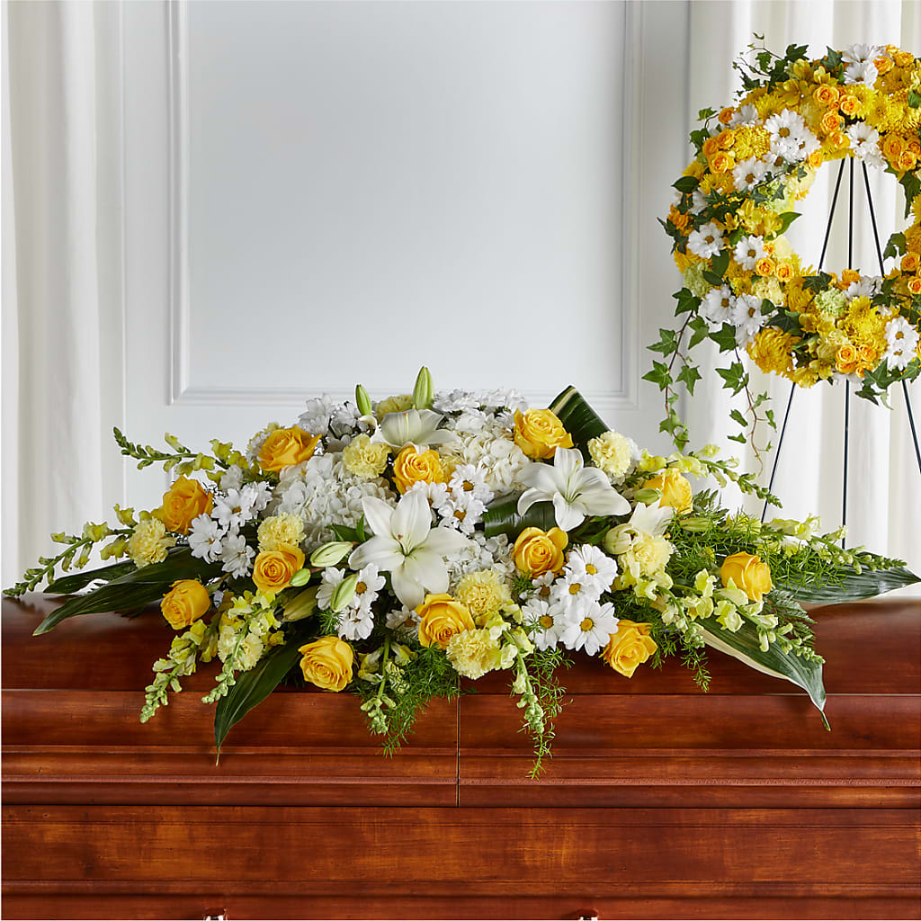 Golden Harmony Casket Spray – Magical Flowers, Naples FL