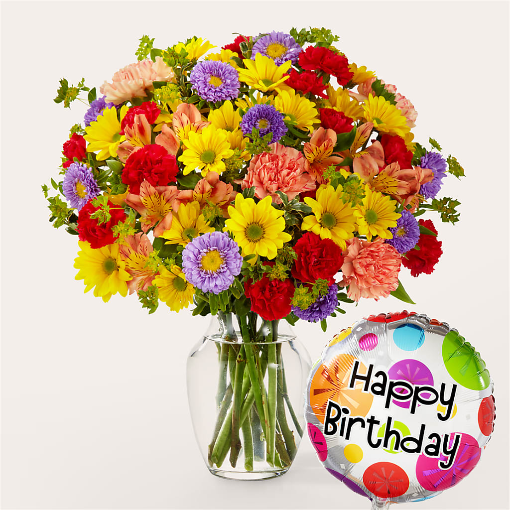 Kaleidoscope Bouquet with Birthday Balloon –  Magical Flowers, Naples FL