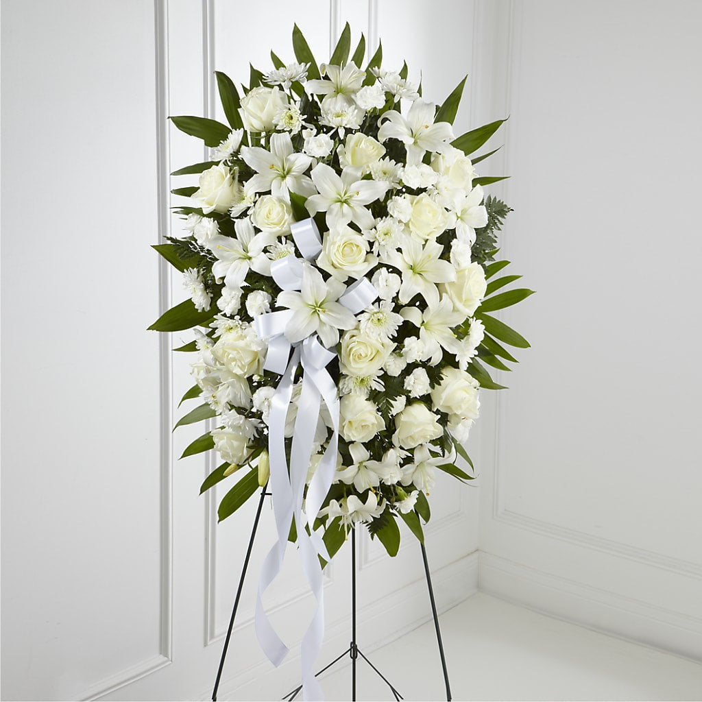 Exquisite Tribute Standing Spray-White Ribbon –  Magical Flowers, Naples FL