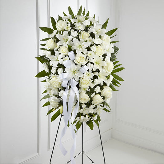 Exquisite Tribute Standing Spray-White Ribbon –  Magical Flowers, Naples FL