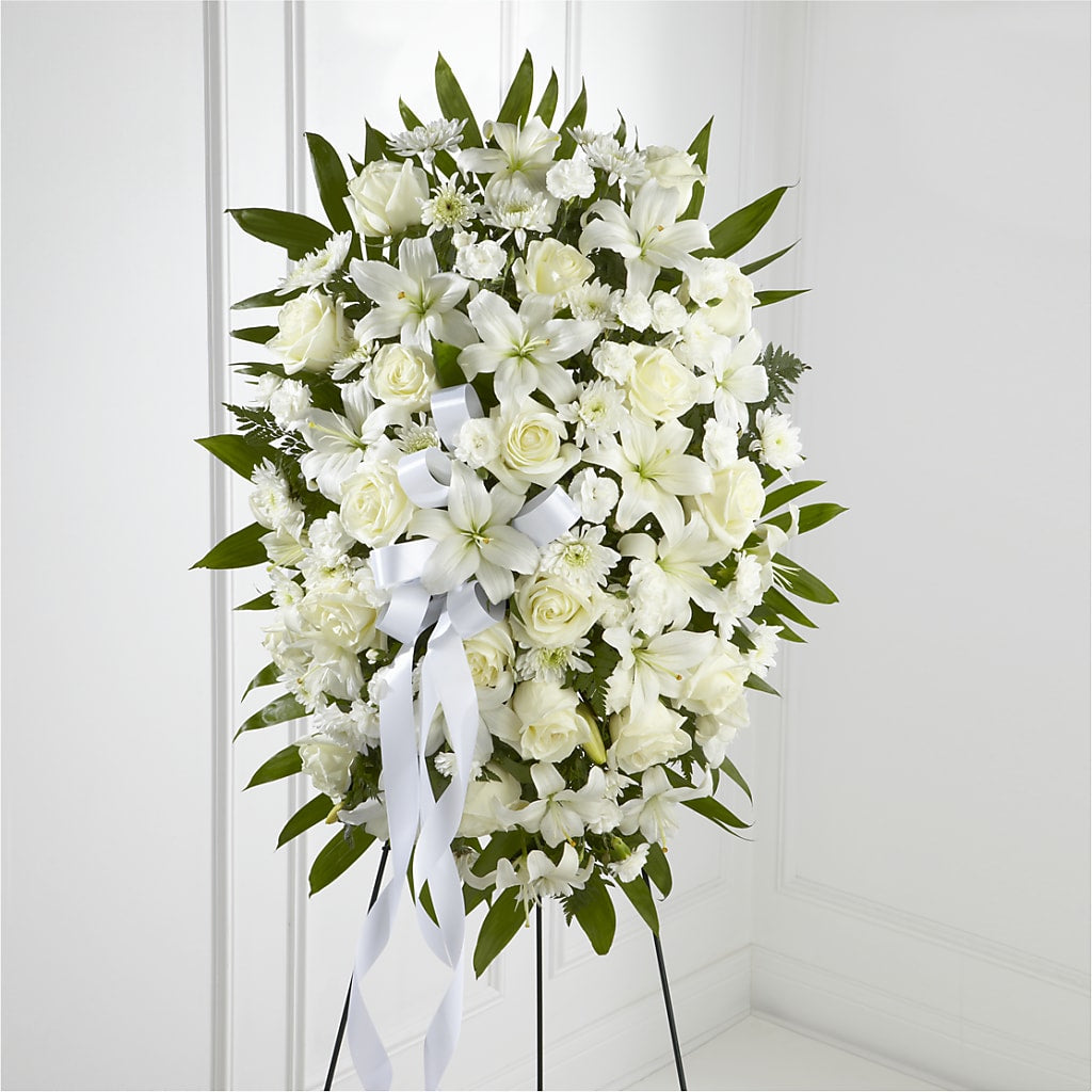 Exquisite Tribute Standing Spray-White Ribbon –  Magical Flowers, Naples FL