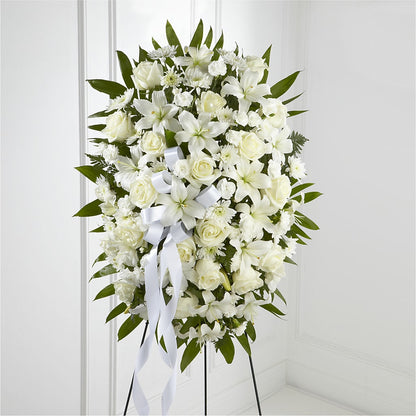 Exquisite Tribute Standing Spray-White Ribbon –  Magical Flowers, Naples FL