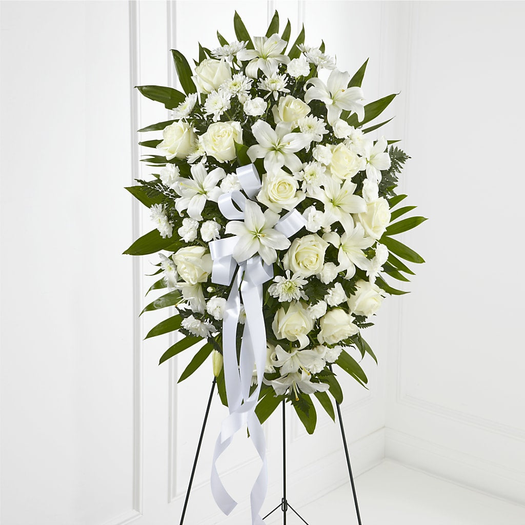 Exquisite Tribute Standing Spray-White Ribbon –  Magical Flowers, Naples FL