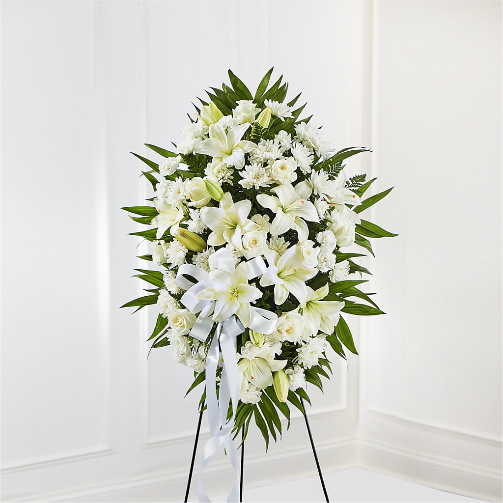 Exquisite Tribute Standing Spray-White Ribbon –  Magical Flowers, Naples FL