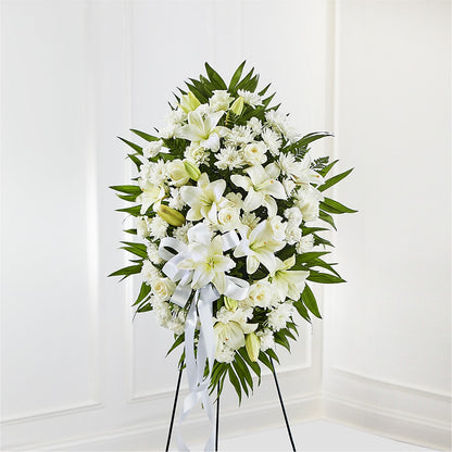Exquisite Tribute Standing Spray-White Ribbon –  Magical Flowers, Naples FL
