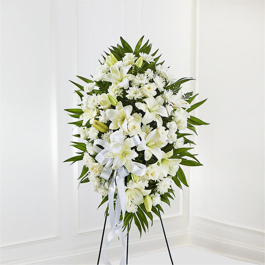 Exquisite Tribute Standing Spray-White Ribbon –  Magical Flowers, Naples FL