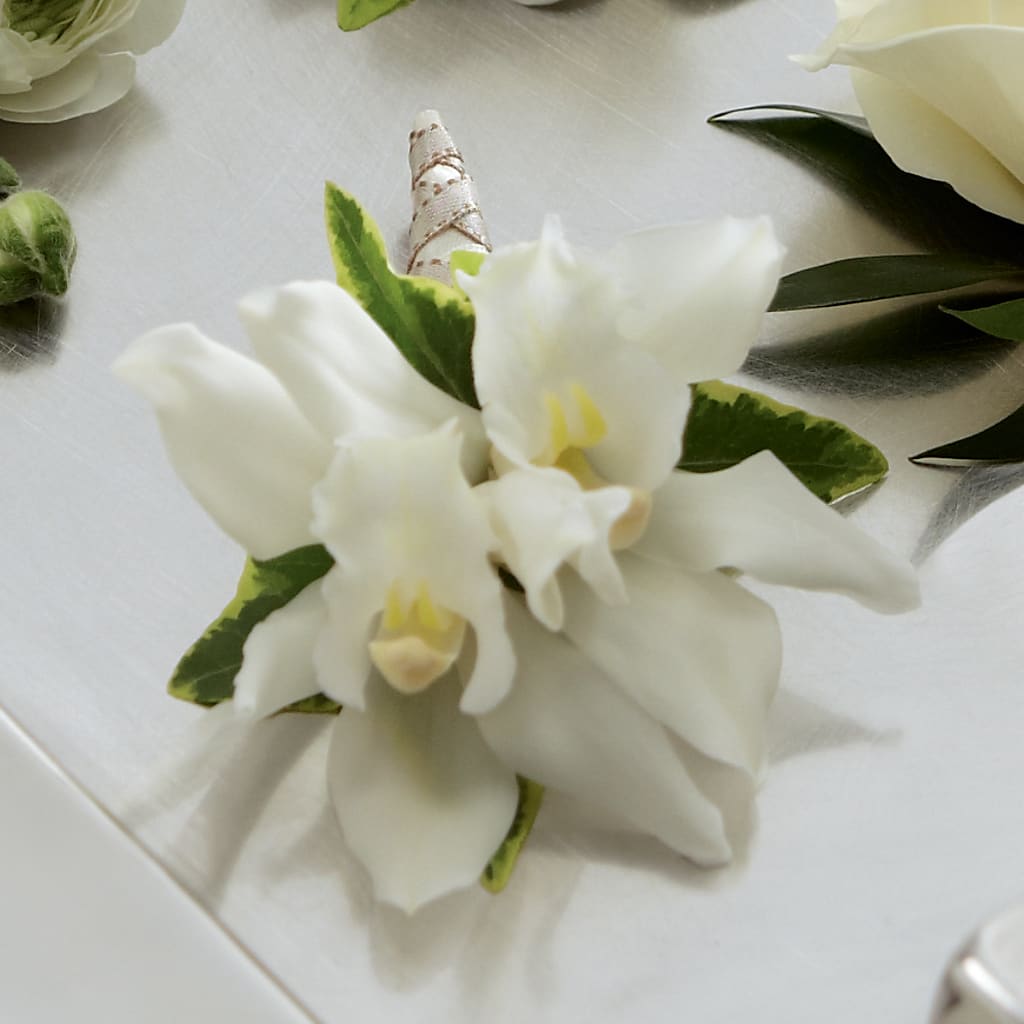 White Mini Cymbidium Boutonniere –  Magical Flowers, Naples FL